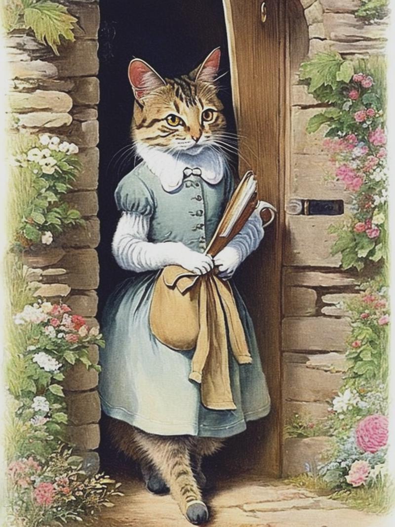 06128-2213540007-vintage illustration Beatrix Potter style of a cat in a dress and bonnet, walking through a cottage door.png